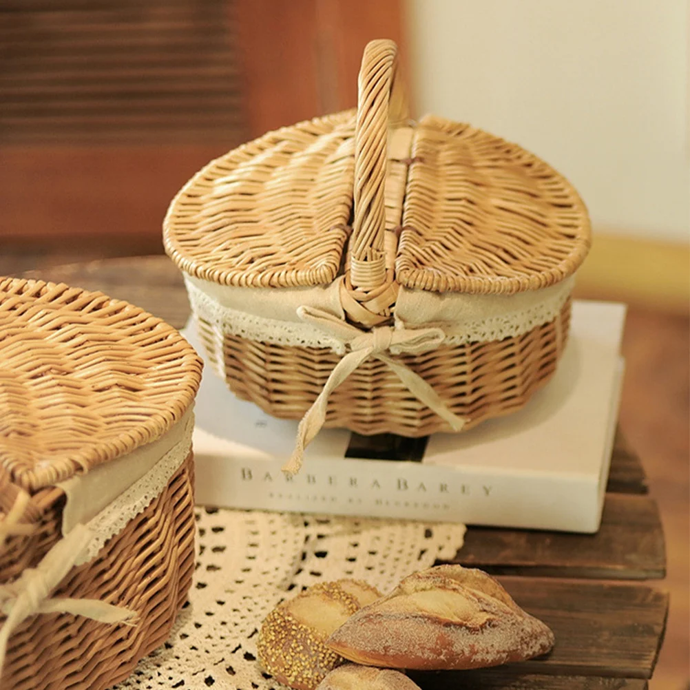 

Wicker Storage Basket with Lid Hand-Woven Portable Fruit Vegetable Picnic Storage Organizer Decorative Bread Basket