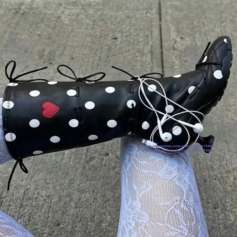 Women Polka Dot Knee High Boots Red Heart Patch Lace-Up Y2K Gothic Street Fashion Booties Multi-Lace Decor Women's Boots