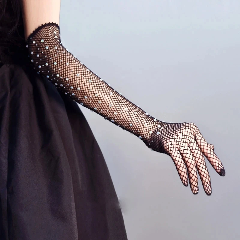 1 Pair Mesh Full Finger Arm Sleeves Long Gloves Sexy See-through Diamond Fishnet Gloves Nightclub Stage Performance Accessories