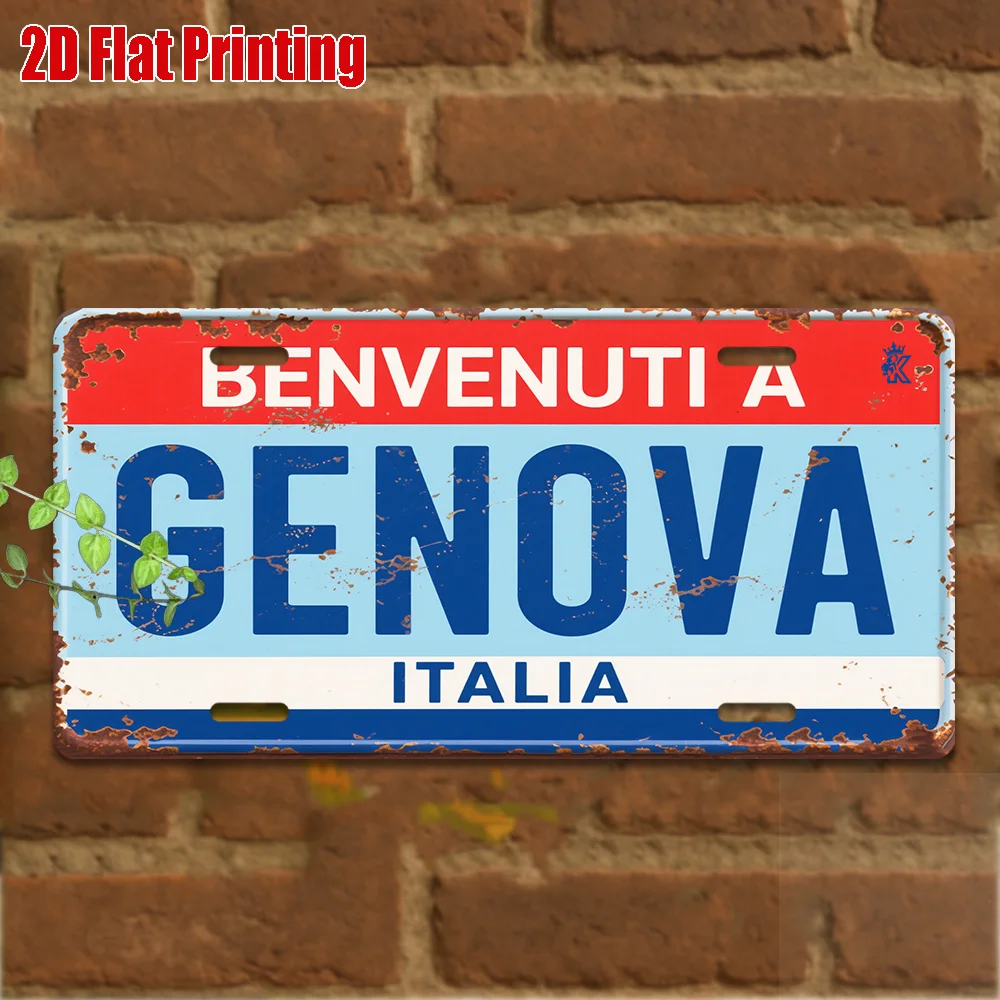 Placa de Metal Vintage 2D Plana, 1 unidade, para Decoração Externa (30cm x 15cm), Placa de Alumínio BENVENUTI A GENOVA