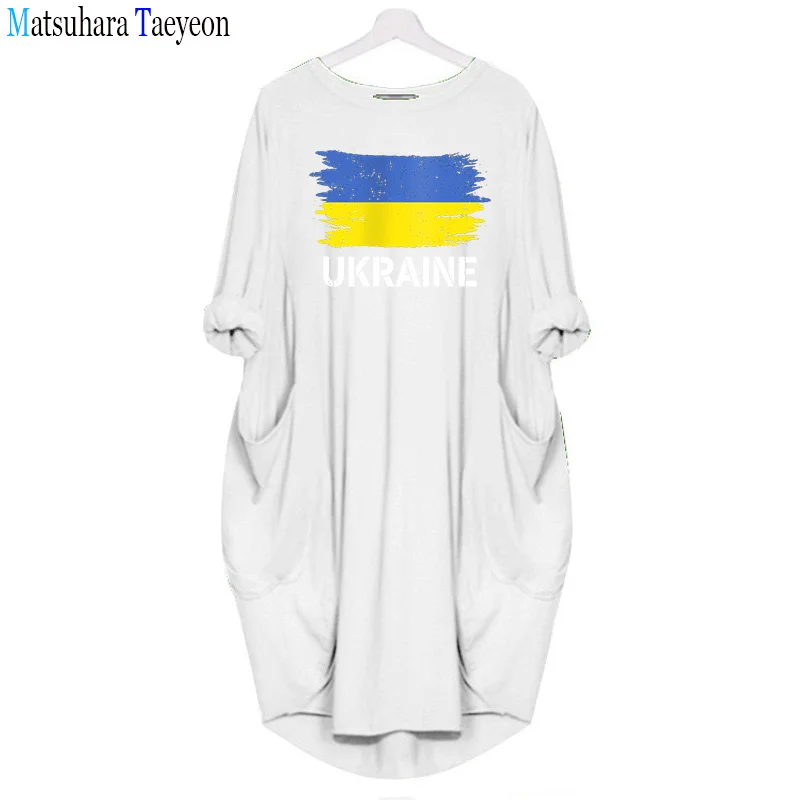 Vintage Ukraine Pocket Dress T-shirt Ukrainian Flag Autumn Women Long Sleeve  Dresses Aesthetic Female Casual Graphic Clothes