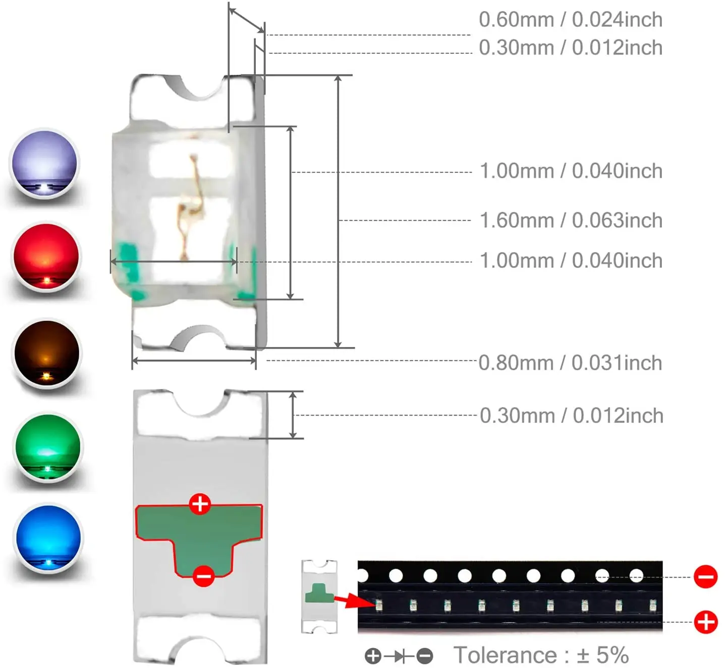 Diode LED SMD 1000, 0402, 0603, 0805, 1206, 3528 RGB, Rouge, Vert, Bleu, Blanc, 1615 RGB, Complet des Documents, Cathode Commune, Anode