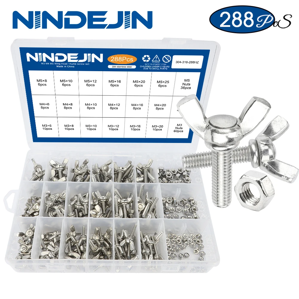 NINDEJIN 288pcs/set wing screw bolt and nut set stainless steel m3 m4 m5 butterfly screw set wing-head thumb screw kit DIN316