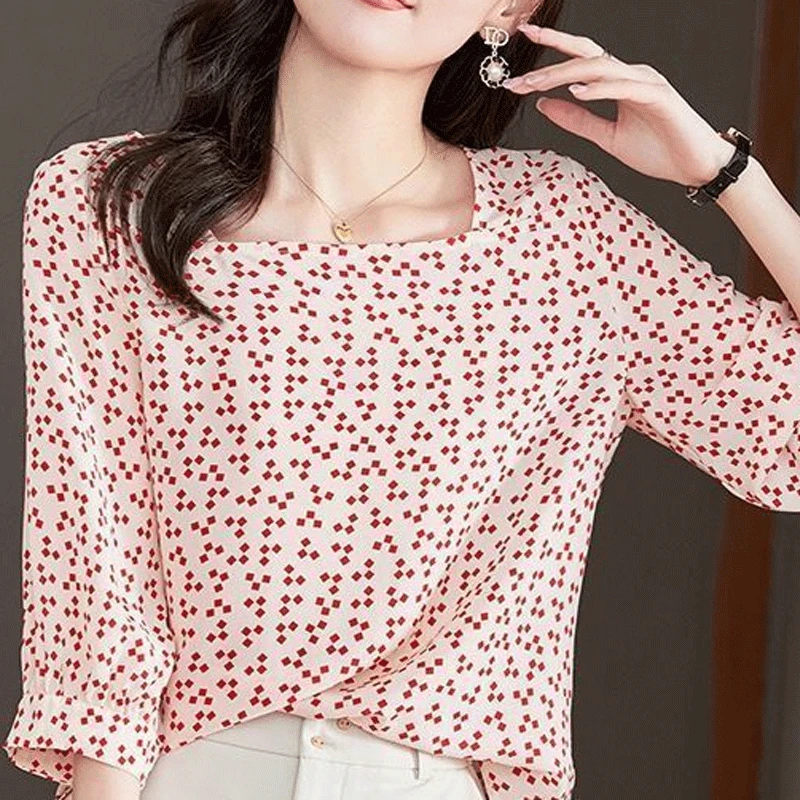 Summer New European and American Loose Square Printed Chiffon Shirt with Round Neck and Three-quarter Sleeve Commuter Korean