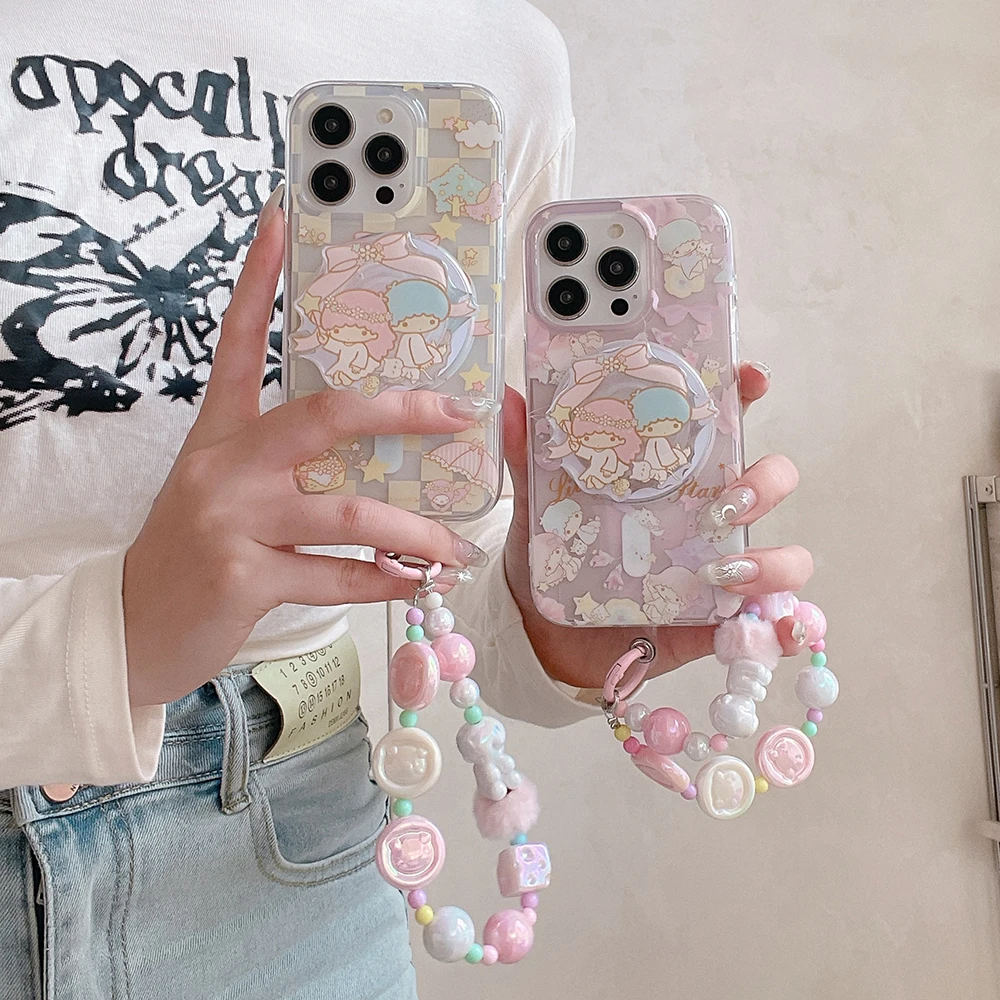 

Cartoon LittleTwinStars for Magsafe Magnetic Bracket Phone Case for IPhone 15 14 13 12 11 Pro Max Clear Back Cover with Lanyard