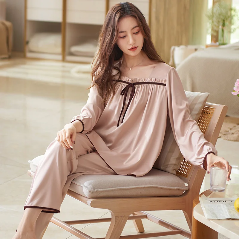 

Big Yards 3XL Spring Summer Silk Pyjamas Women Pajamas Set Solid Color Long Sleeve Satin Sleepwear Pijama Mujer Female Nightsuit