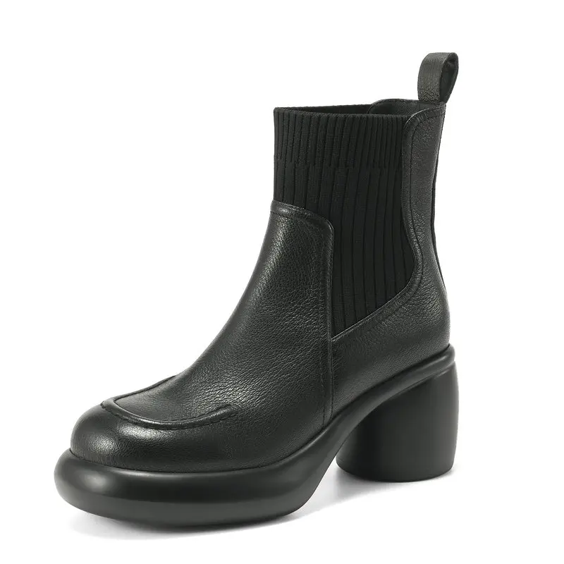 

2025 Fashionable Modern Women Boots 100% Genuine Leather Cylindrical Platform Knitted Boots Shoes