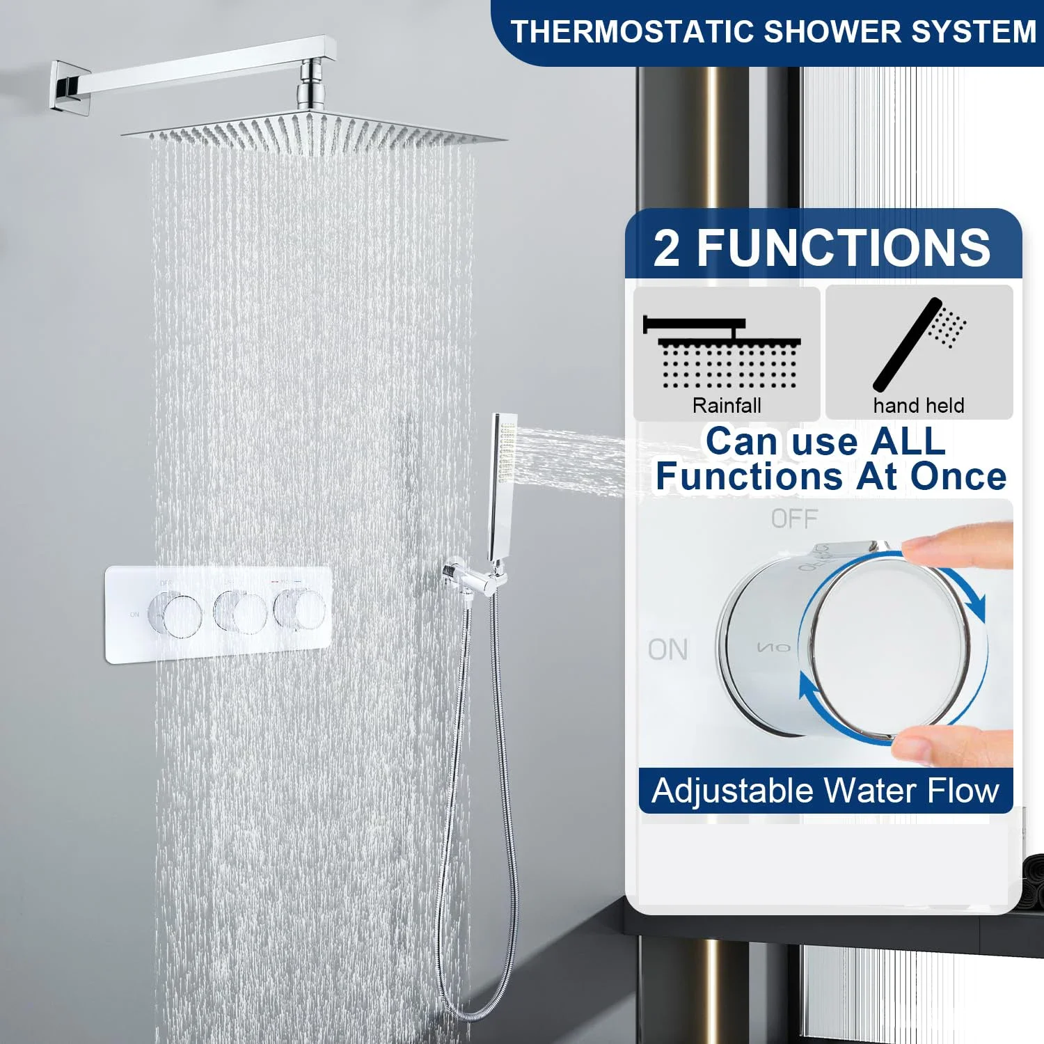 12 Inch wall mounted Dual Function Thermostatic Diverter Valve Rainfall concealed Shower Faucet System Set for bathroom