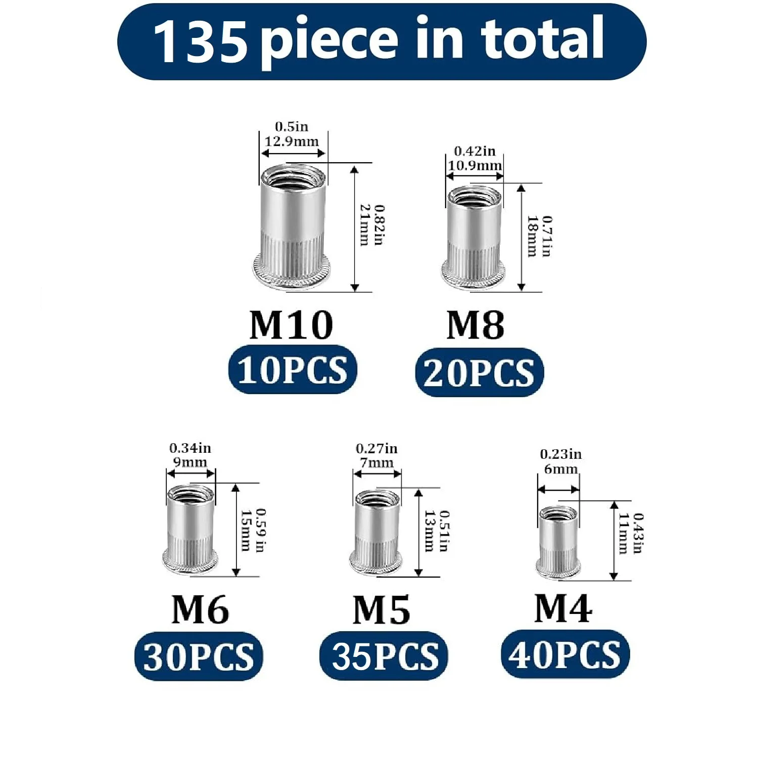 Metric Rivet Nut Assortment Kit 135pcs M4 M5 M6 M8 M10 Steel Rivet Nuts Set