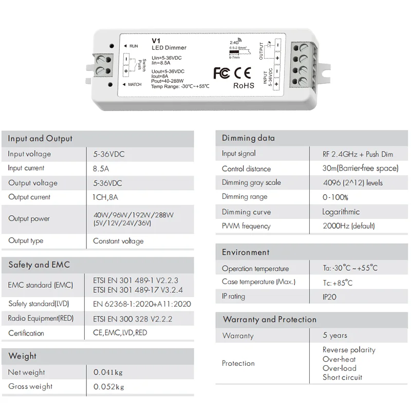 V1 LED Dimmer 12V LED Controller 1 to 8 Zone 2.4G Wireless Touch Remote Controller Dimmer Switch for LED Strip Light 5V 24V 36V