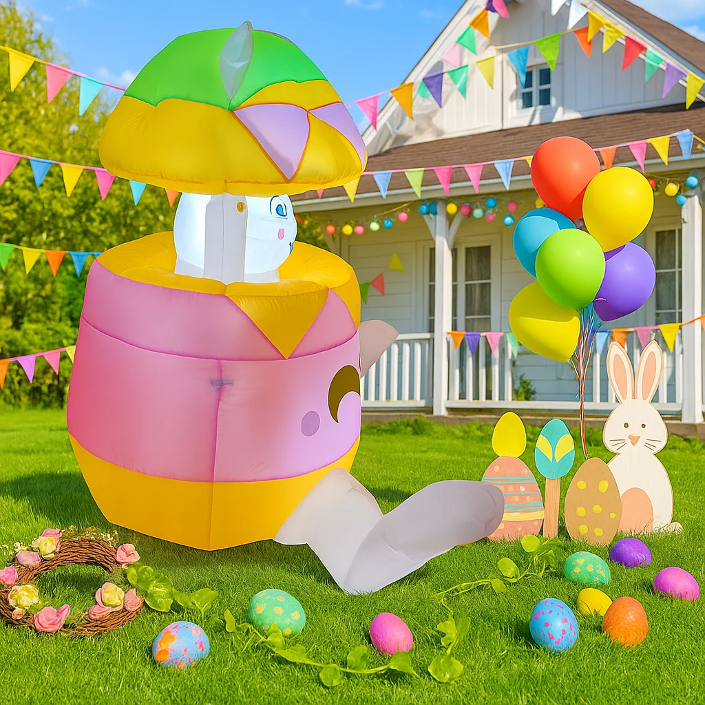 5FT Easter Festive Inflatable Bunny with Egg Decor LED Lights Airblown Holiday Party Garden Rabbit Yard Easter Decorations Props