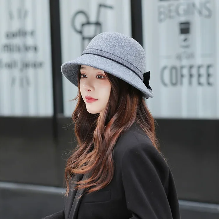 Vintage Women Bow Visor Hat Fashion Furry Bucket Hat Autumn Winter Korean Version Fluffy Panama Hat Warm Ladies Fisherman Cap