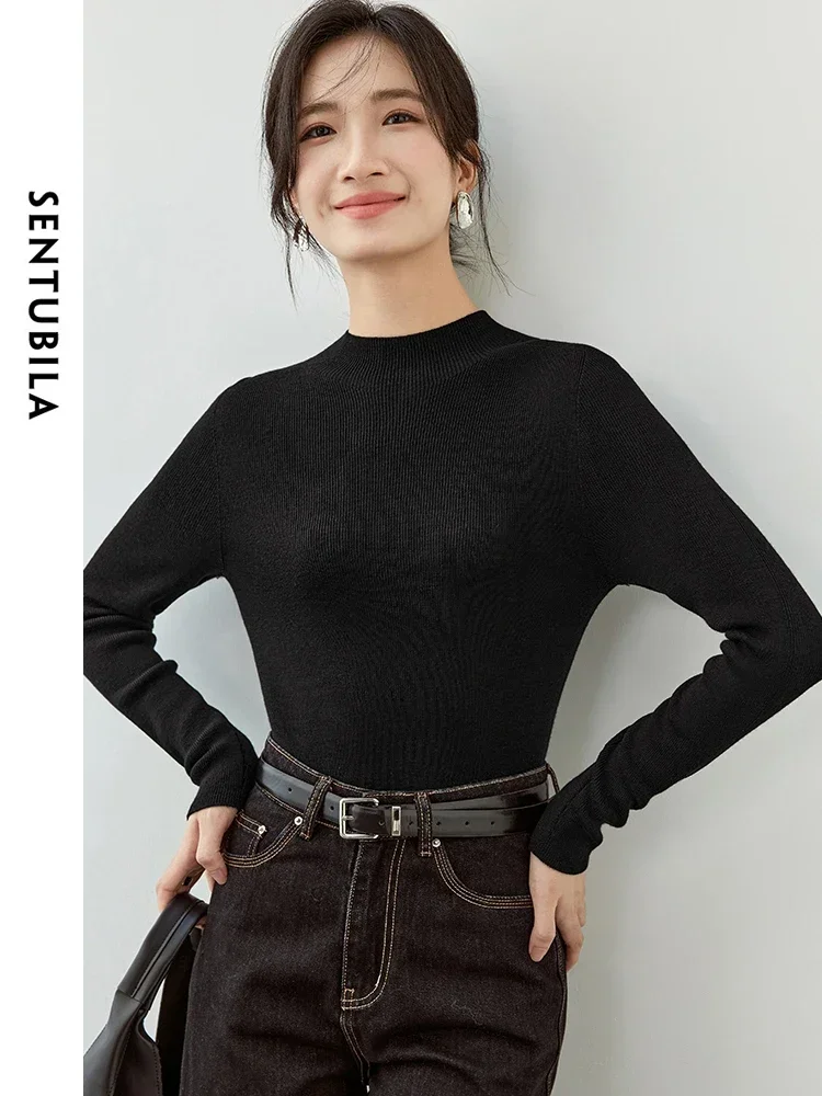 SENTUBILA Women 100% Wool Knitted Pullovers   2024 Autumn Slim Fit Half High Collar Solid Basic Comt  Tops W43H56229