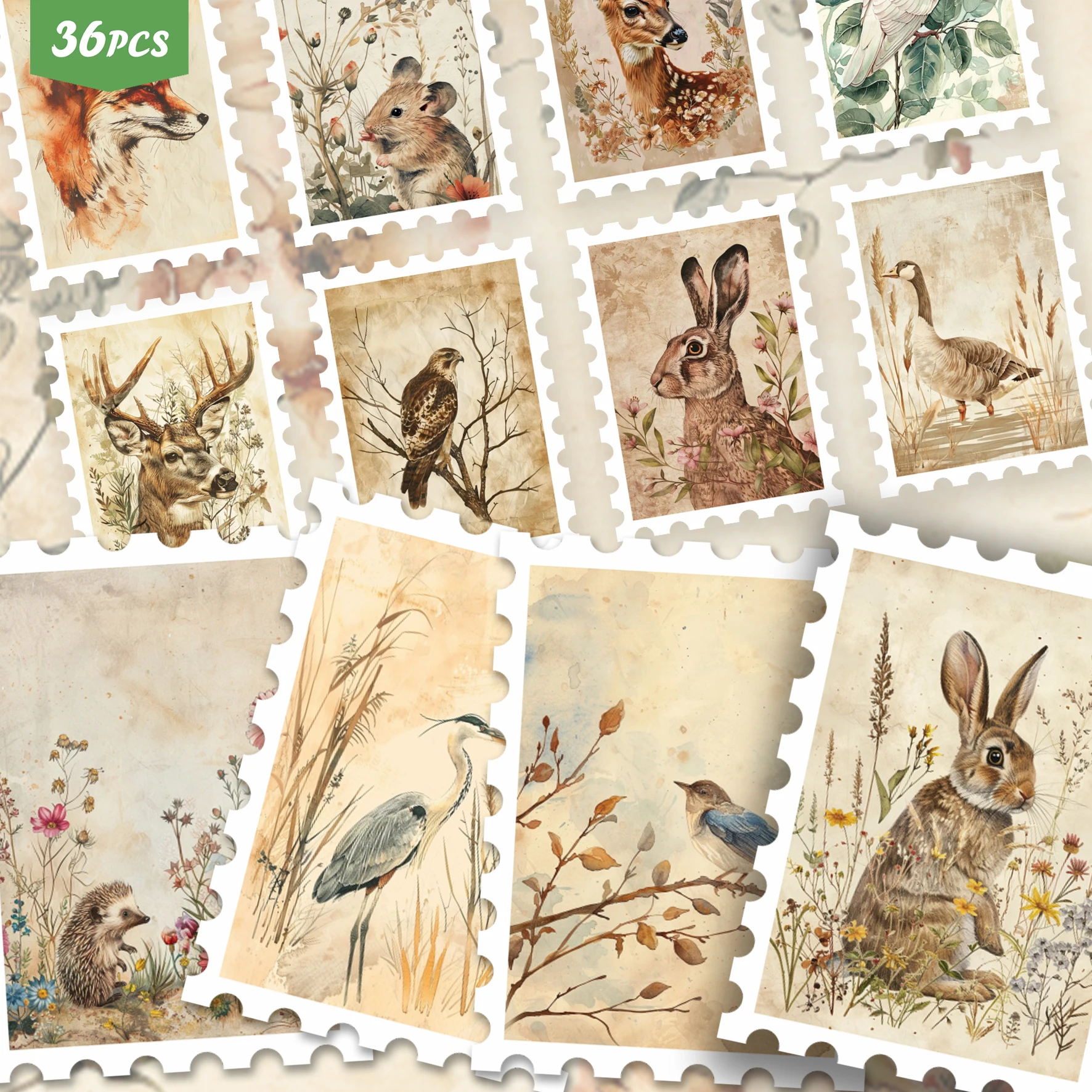 36PCS Retro Cottagecore Nature Art Stickers, Vintage Aged Paper Woodland Animal Watercolor Aesthetic Cutout Sticker Set for Jour