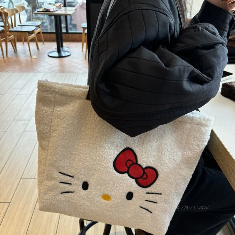 Sanrio Hello Kitty Cute Lambhair Commuting Bag Simple Design Large Capacity Shoulder Bag Korean Style Versatile Casual Tote Bag