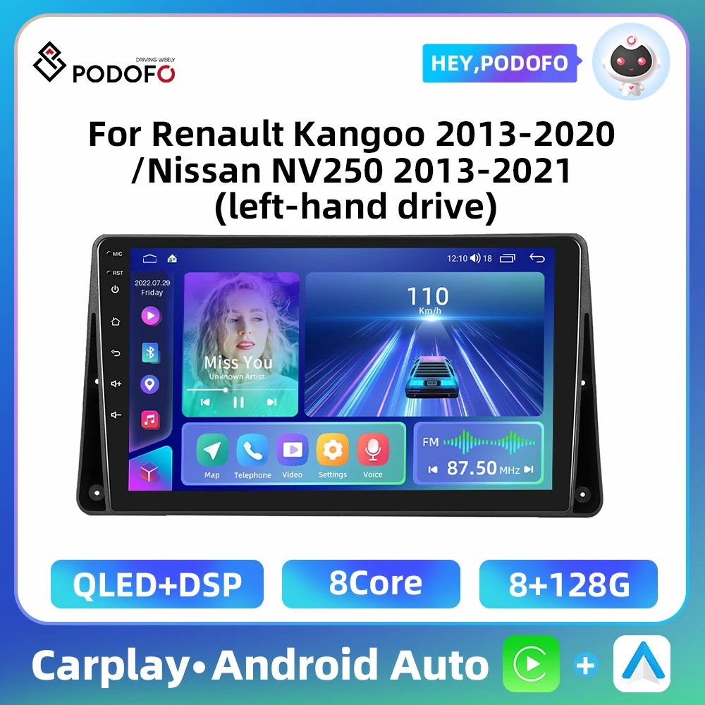 Podofo 9'' 8Core Autoradio Für Renault Kangoo 2013-2020/Nissan NV250 2013-2021 Carplay Android Auto