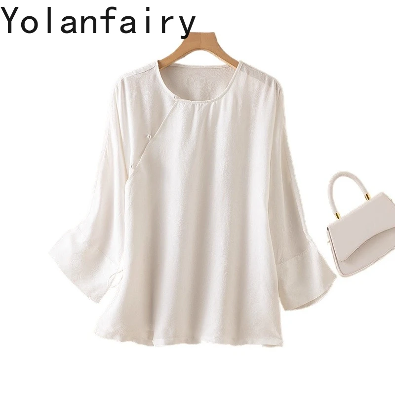 

YOLANFAIRY Chinese Beauty 100% Natural Mulberry Silk White Shirt Woman Jacquard Three-quarter Sleeve Women Shirts Slanted Tops