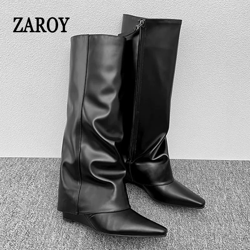 Botas Altas Negras de Cuero PU ZAROY con Punta Puntiaguda, Tacón de Cuña, Pierna Recta, Estilo Punk Plegable, Botines Largos para Banquete