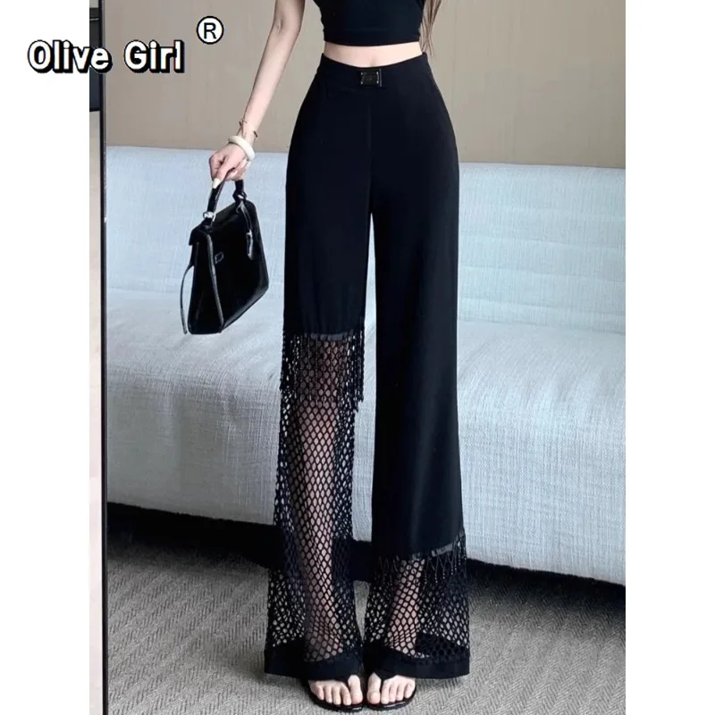 Olivegirl pantalon noir maille grille épissage évider pantalon Sexy jambe large pantalon femmes été gland clouté taille haute plancher