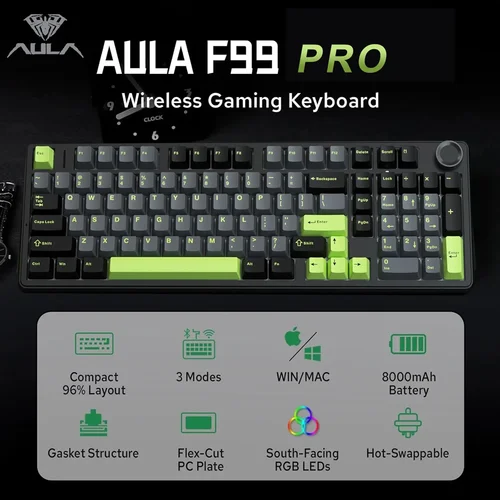Teclado mecánico para juegos AULA F99PRO, 99 teclas, tres modos, estructura de junta intercambiable en caliente inalámbrica, teclado personalizado con perilla multimedia