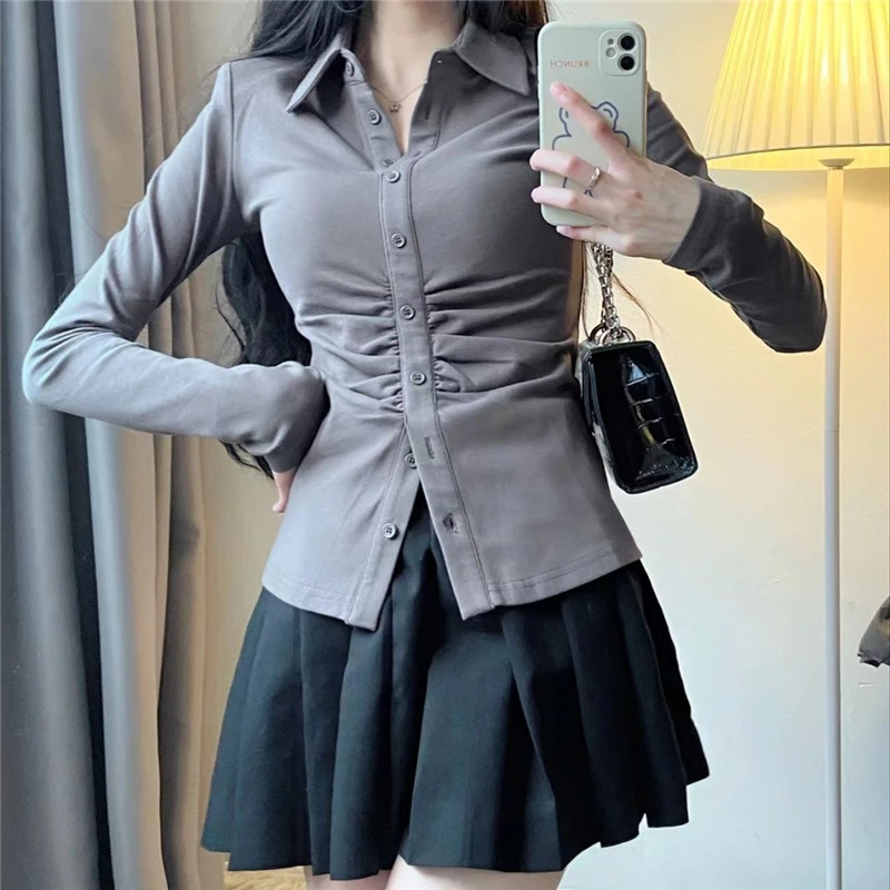 Women Sexy Long sleeved shirt Grey Slim Blouse Basic Tunics Vintage Hot Girl School Shirt Girls Casual Uniform Tops Summer 3XL