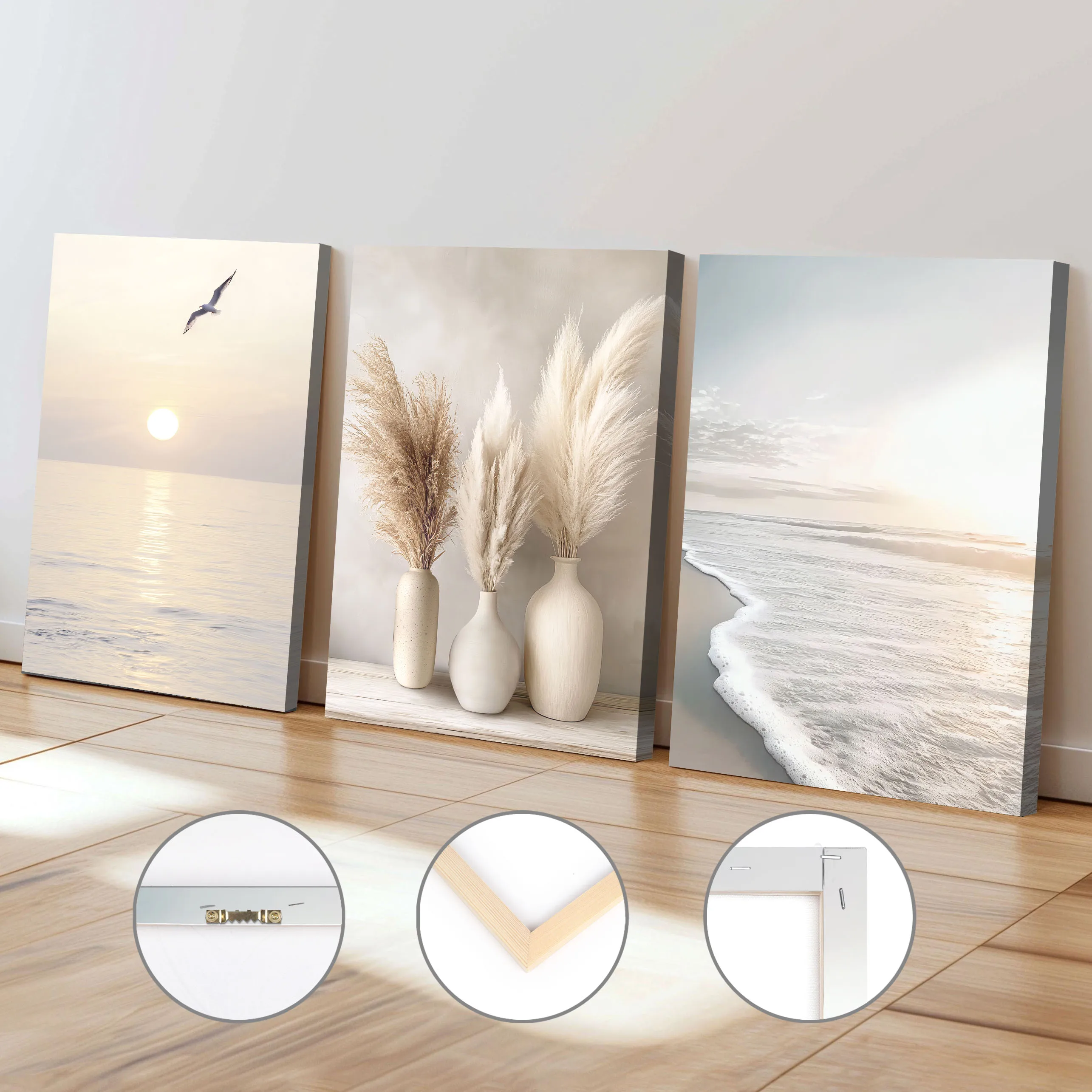 

Sunrise Beach Waves Beige Landscape Poster Summer Beach Landscape Framed Canvas Painting Nature Landscape Office Home Decorating