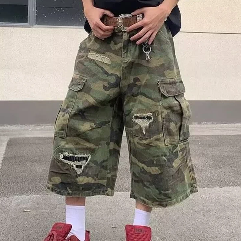 

2025 Mens Camo Cargo Denim Shorts Distressed Straight Leg Casual Seven Inch Shorts Y2K Streetwear Vintage Loose Fit Summer Fashi