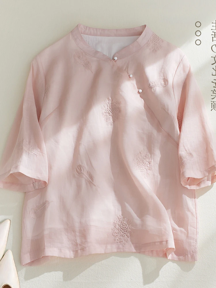 

Retro Feather Embroidery Cotton Linen 7/8 Sleeve Shirt plus Size Women's Chinese Style Stand Collar Casual Tea Clothing Top Thin
