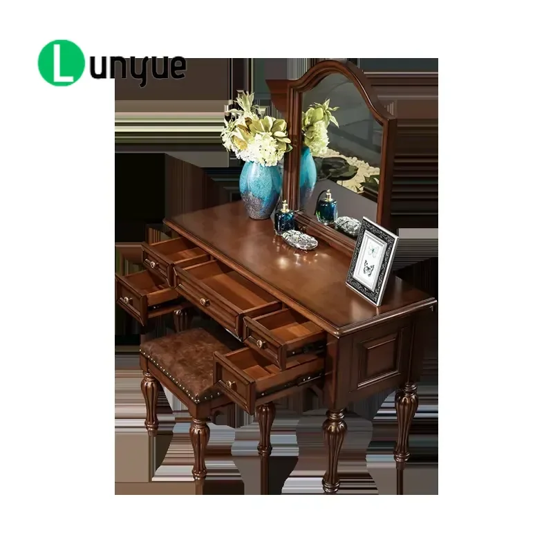 American Solid Wood Dresser with Mirror Oak Makeup Table Simple Design Drawer Storage Furniture for Bedroom Vanity Desk