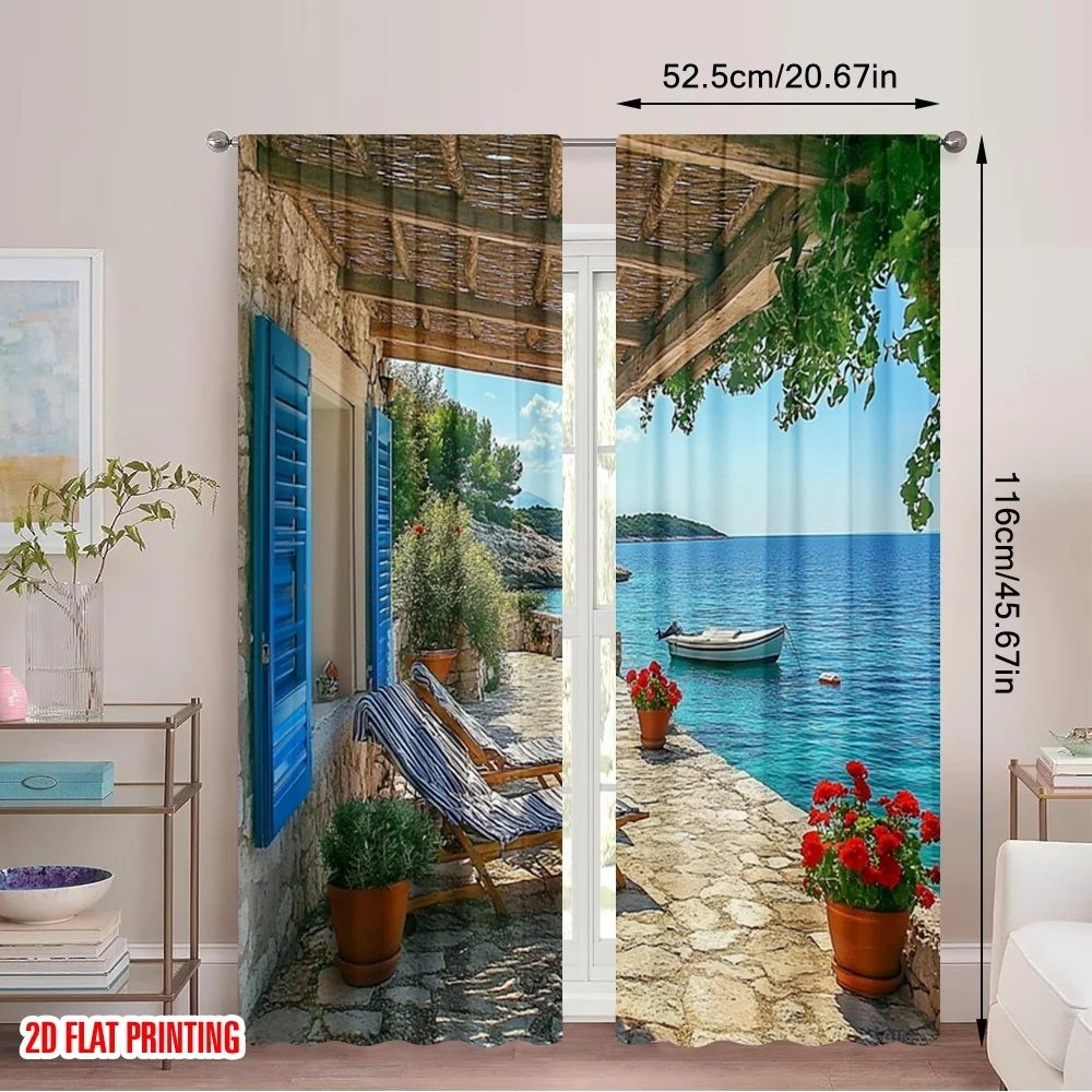 2pcs 2D flat printing Curtains Bright Mediterranean landscape with red flowers and blue water Versatile Fabric Without
