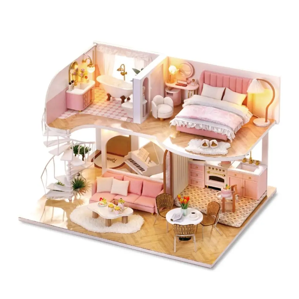 

Trendy 3D Doll House Kit Wooden Cozy Villa House Building with Furniture Loft Handmade Assembly Toy Mini Doll House Model