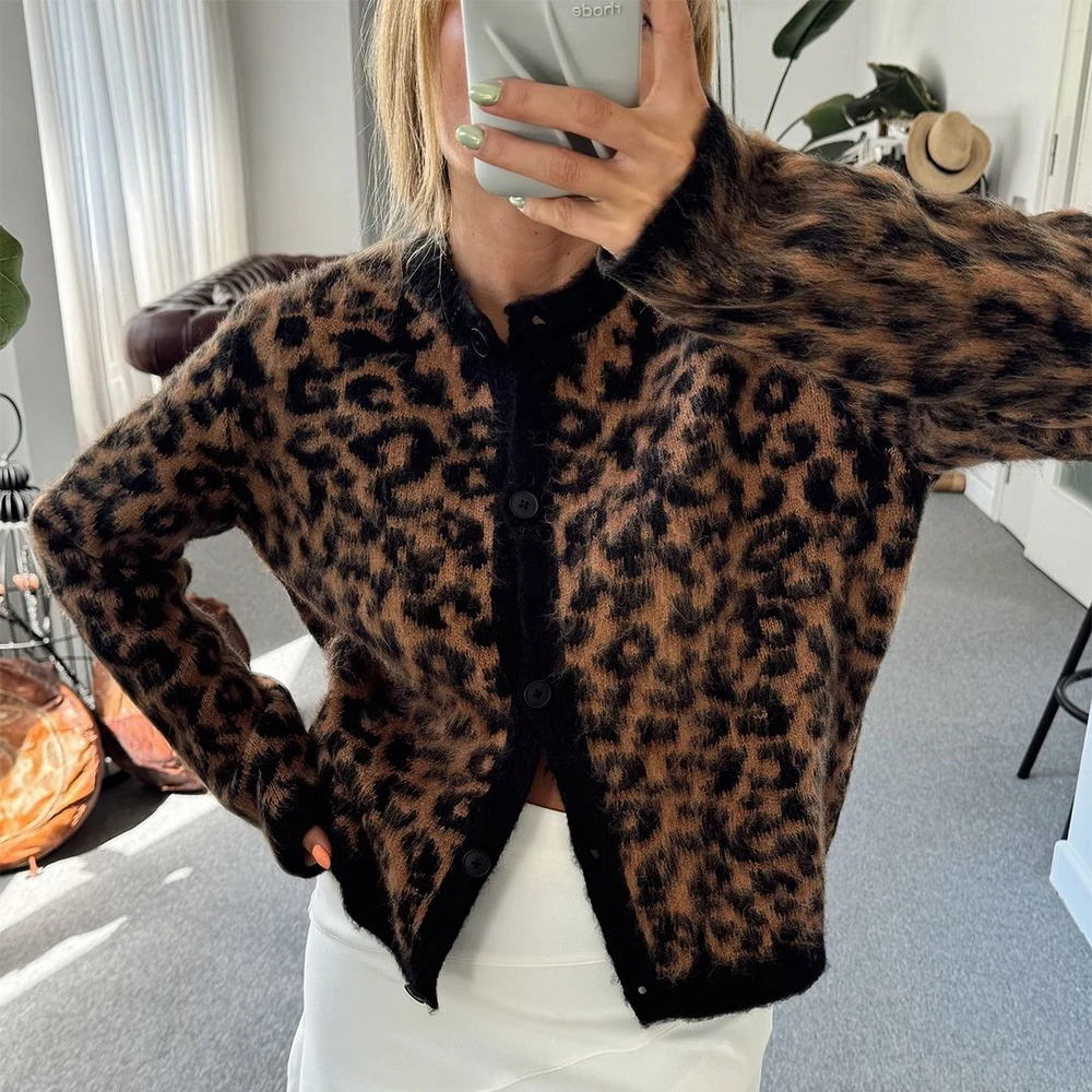 Talenza Leopard Print Knit Cardigan Women's Loose O-Neck Long Sleeve Casual Color Block Sweater Fashion Button Cardigan Top Y2k