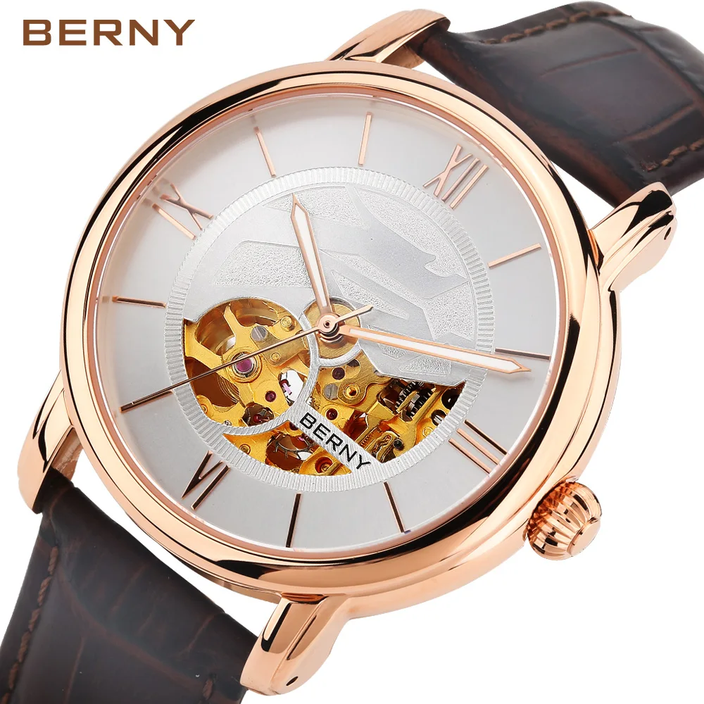 BERNY Men Automatic Mechanical Watch BERNY 8N24 Skeleton Watches Self Winding Sapphire 5Bar Waterproof Luxury Gold Wristwatch