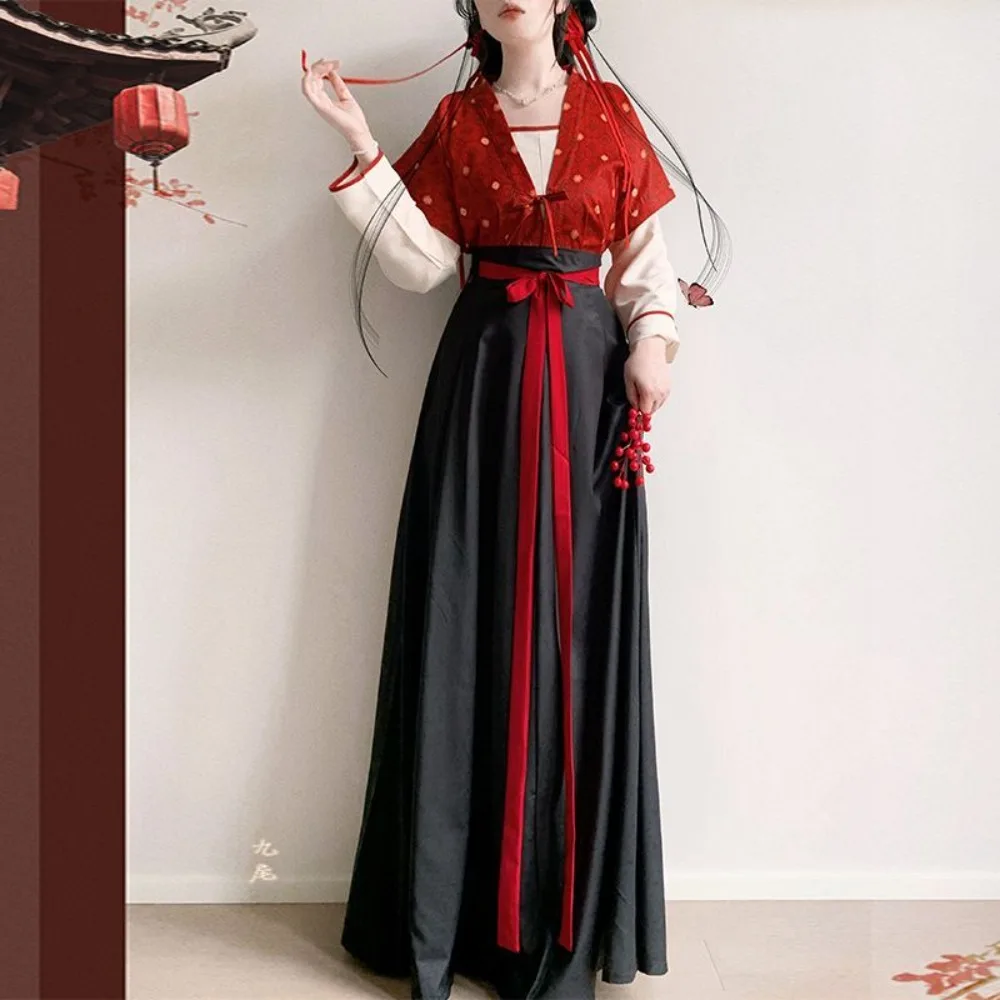 

Комплект Hanfu в стиле Тан - женский Beizi с принтом и жилетом, повседневная одежда, весенне-осенний наряд, традиционный китайский костюм