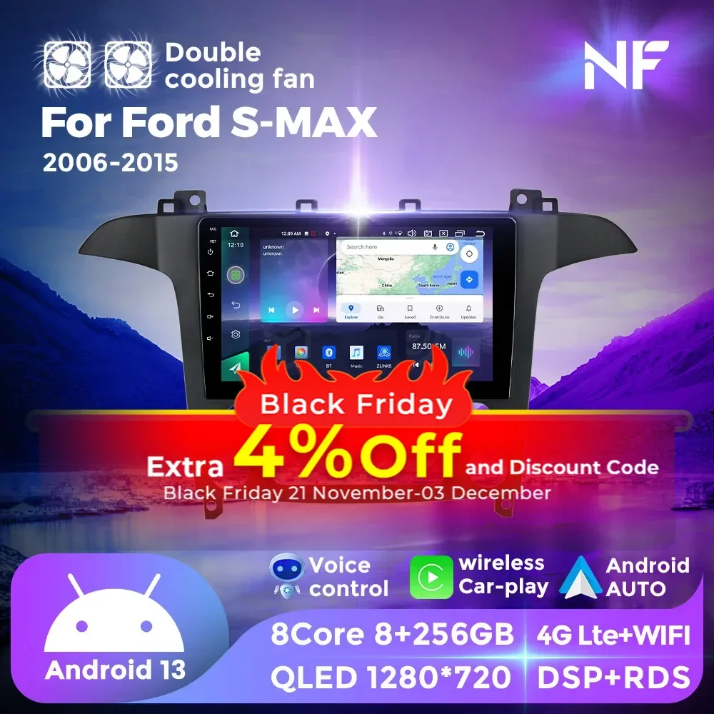 NF двойной вентилятор охлаждения, авторадио, головное устройство для Ford S-MAX S MAX 1 2006-2015, автомобильный радиоприемник, мультимедийный плеер, GPS MAP для беспроводного Carplay