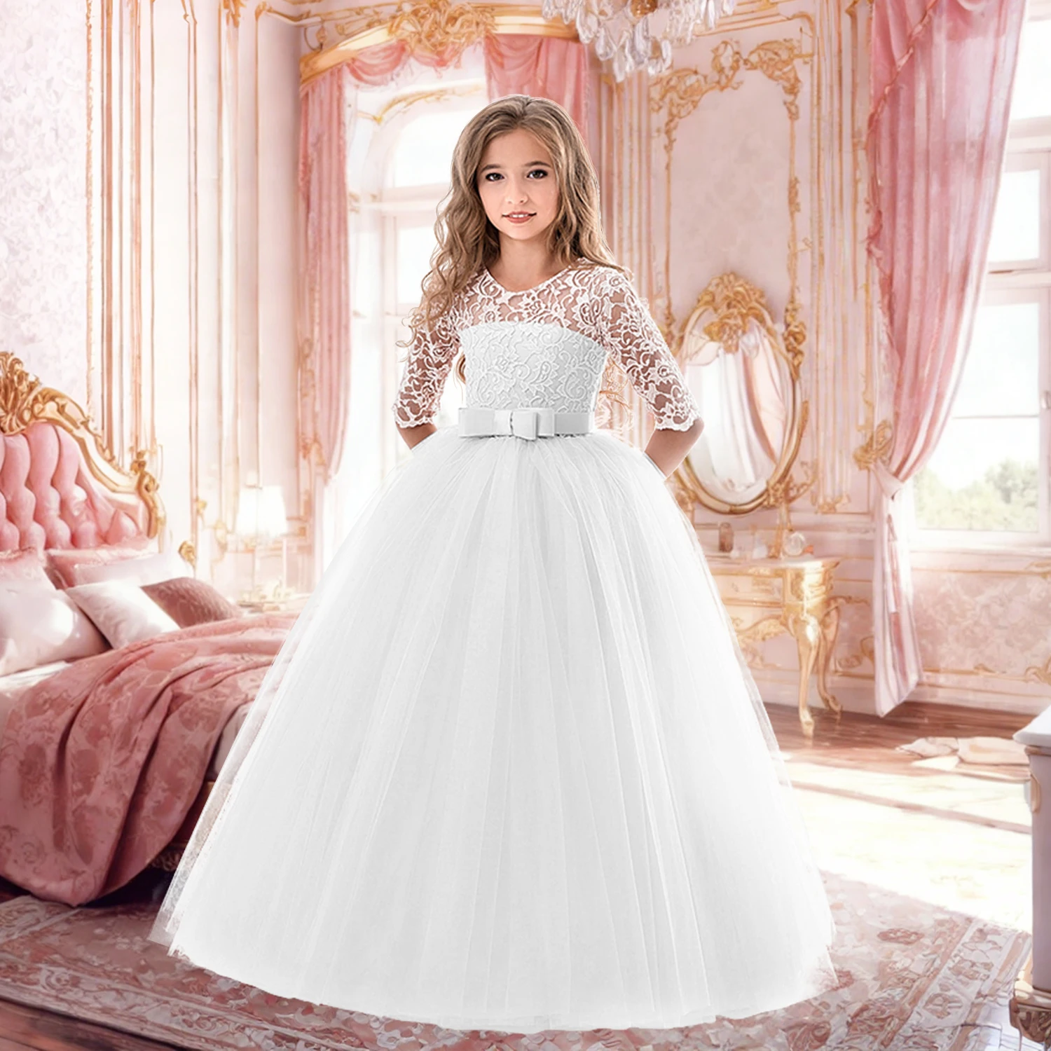 Elegant Princess Birthday Lace Dress Prom Gown Kids Party Dresses for Girls Vintage Children Wedding Bridesmaid Dress 6 10 14Yrs