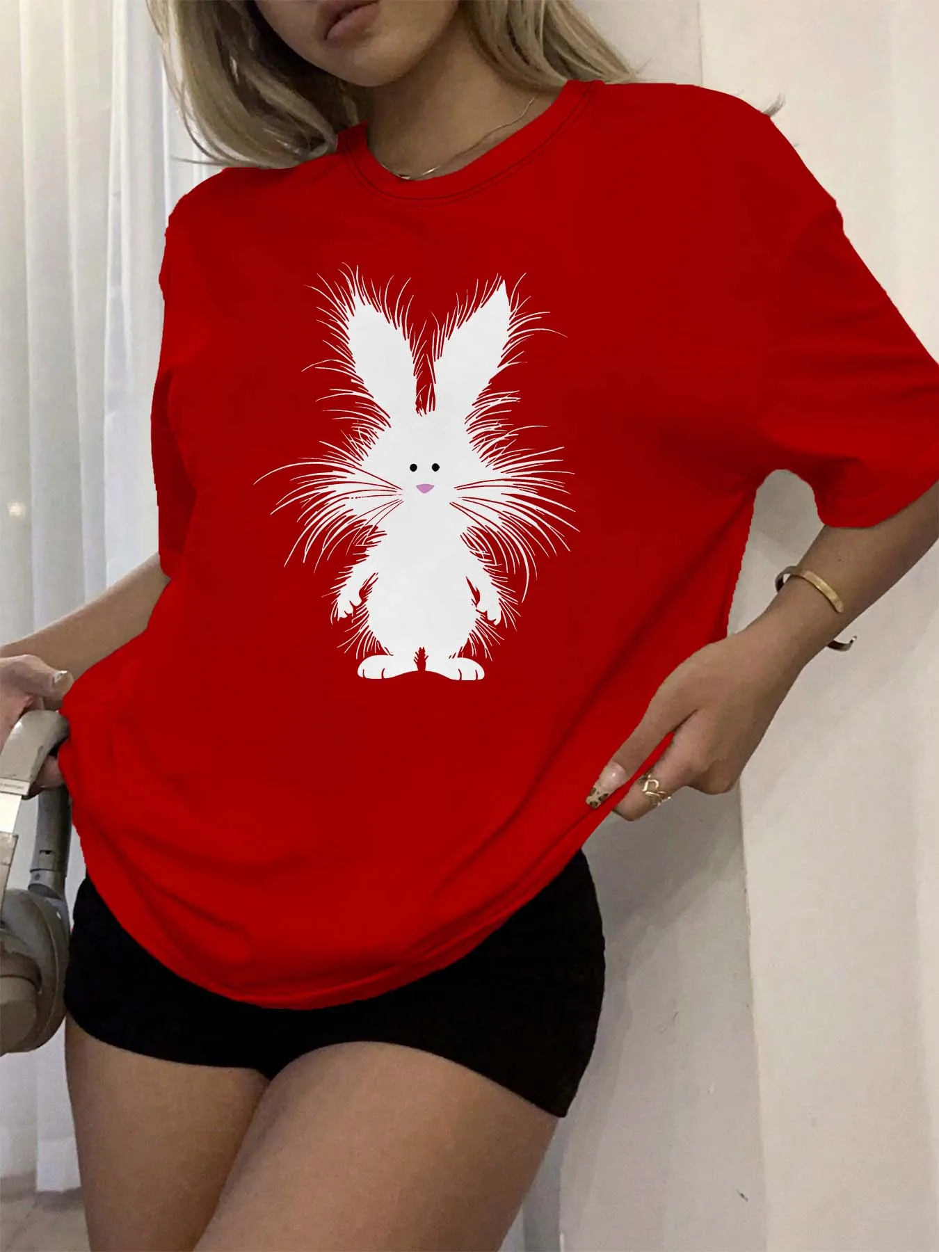 

Plus Size Elegant Whimsical Fluffy Bunny Graphic Tee For Playful Chic Aesthetic