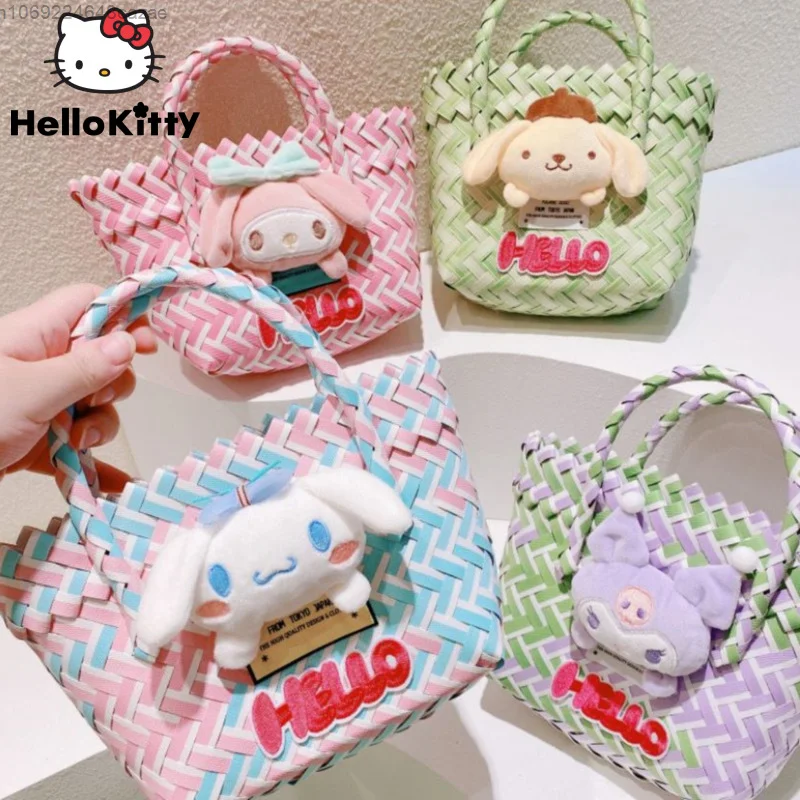 Sanrio New Hand Woven Bags Portable Small Basket Y2k Cute Tote Handbags Cartoon Kuromi Melody Spring Outing Bag Women Gift Bag