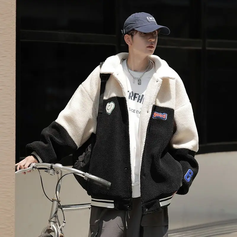 

Lamb Velvet Jaet Мужская модная цветная блузка большого размера, осенне-зимняя хлопковая одежда, Гонконгская свободная повседневная теплая пара...