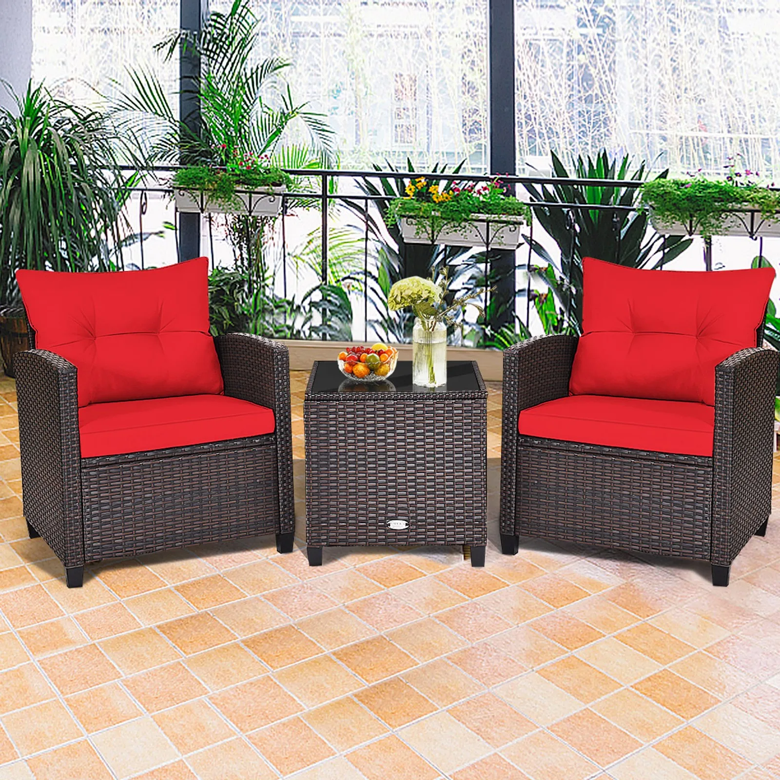 

3PCS Outdoor Set w/ Coffee Table Red Cushion