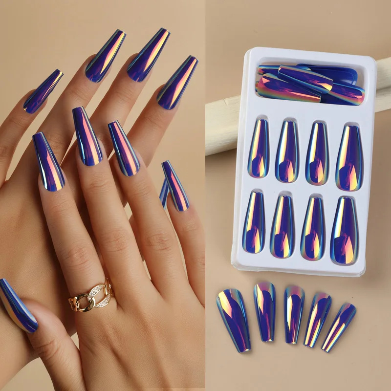 PINPAI 24PCS Mirror Effect Long Coffin Press On Fake Nails Kit With Adhesive Full Cover Artificial False Nail Art Tips Set