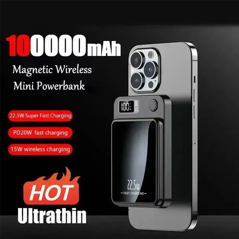 New 100000mAh Wireless Power Bank Magnetic Qi Portable Powerbank Type C Mini Fast Charger For iPhone Samsung MaCsafe