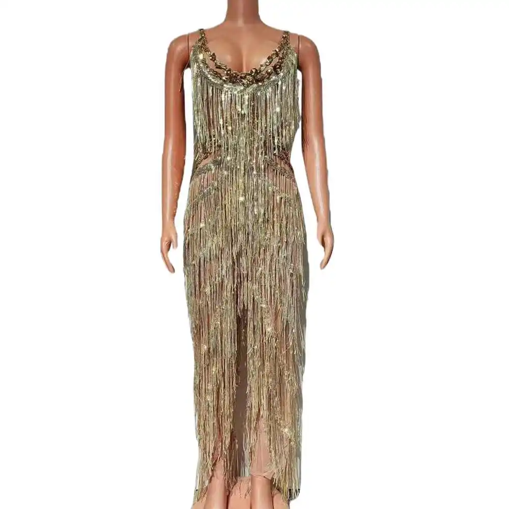 

Sparkly Gold Sequins Rhinestones Jumpsuit for Women Celebrate Birthday Outfit Singer Dancer Performance Costume Stage Wear