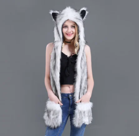 Imitate Fluffy Women Men Winter Animal Bear Leopard Wolf Tiger Cat Ear Hat Beanies With Mittens Gloves Plush Beanie Cap