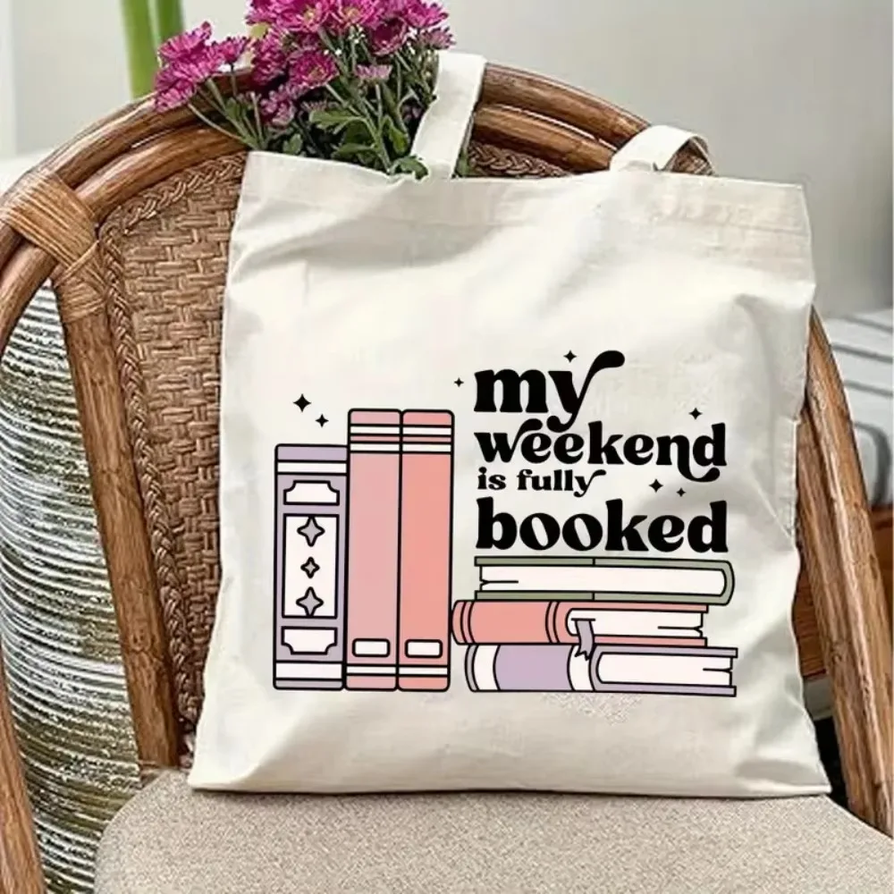 Pastel Stacked Book My Weekend Is Fully Booked Print Canvas Tote Bag Soft Handbag for Daily Commute and Daily Use