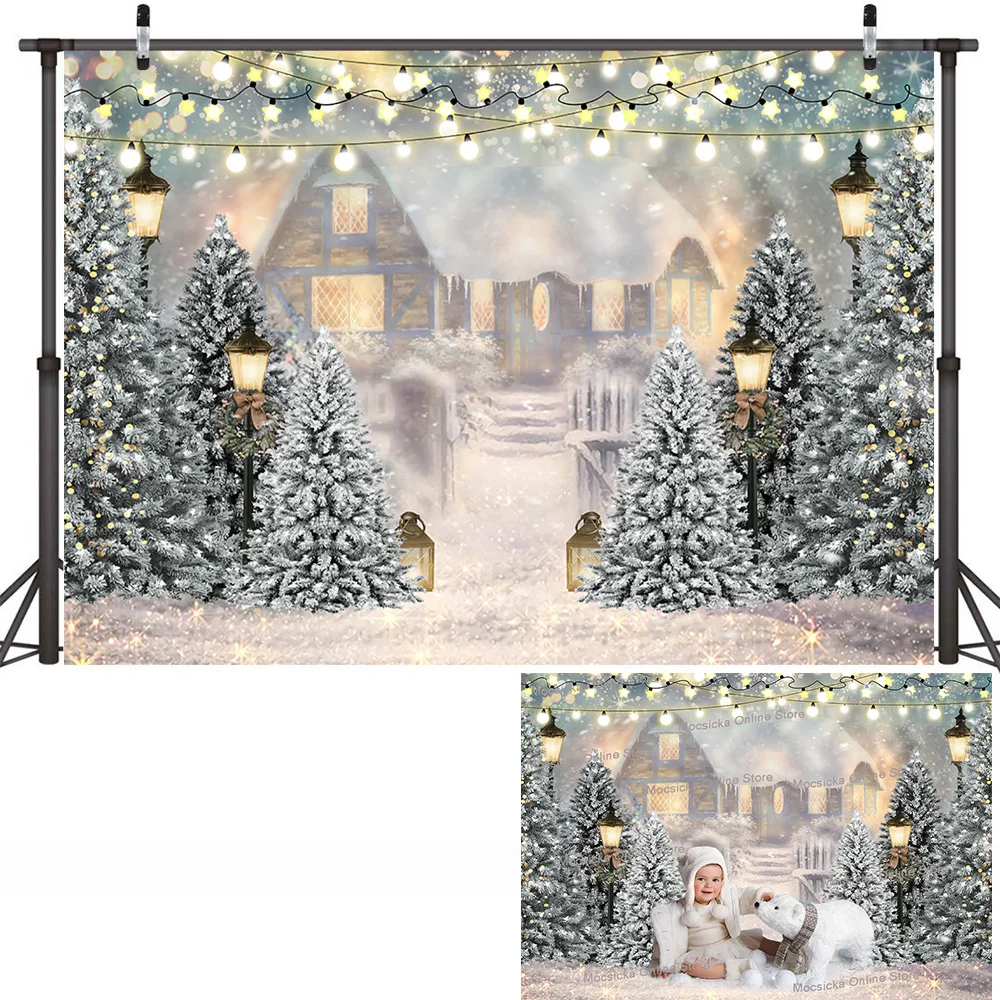 ฤดูหนาวแช่แข็ง House พื้นหลังฉากหิมะคริสต์มาสต้นไม้เด็กวันเกิด3d Glitter Xmas Room Portrait สำหรับ Studio Decor