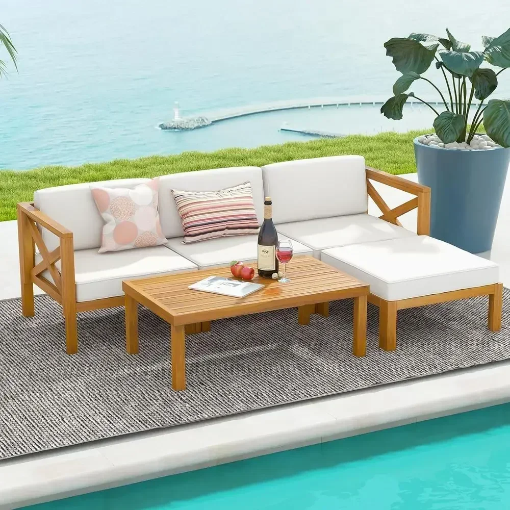 5 Piece Outdoor Contion urniture Set, Acacia Wood Sectional Soa Set with 3 Chairs, 1 Ottoman & 1 Coee Table, Patio Cushioned Soa