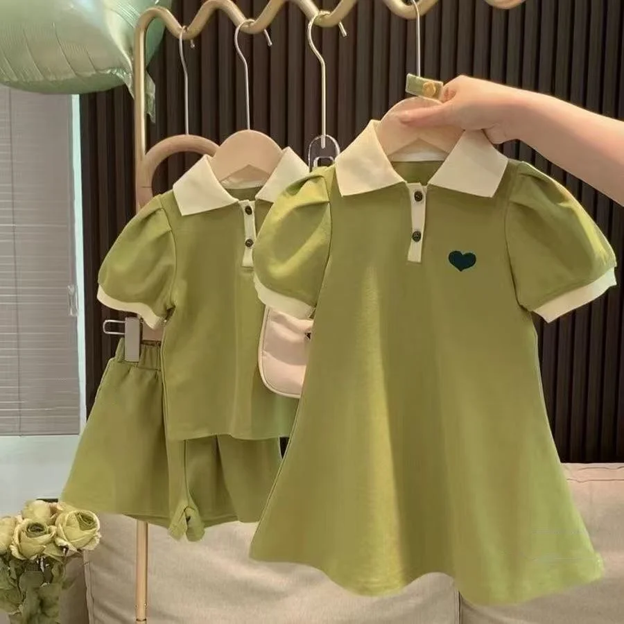 

Children's Clothing Sets Korea Short Sleeved Casual Shirt Dress PoLo T-shirt+Shorts Sets Sisters Girls Summer Kids Clothes Girls