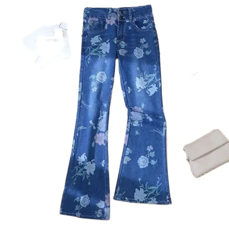 Thin Print Jeans Elastic Micro-Trumpet Jeans Female Summer High Waist Joker Personality Traight Tube Denim Long Pants Women