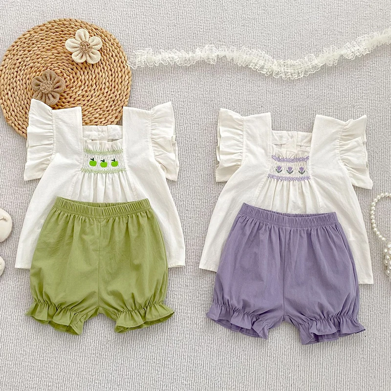2025 New Summer Toddler Baby Girls Clothing Set Flying Sleeve Cotton Embroidered Shirt+Shorts Newborn Baby Girls Clothing Suit